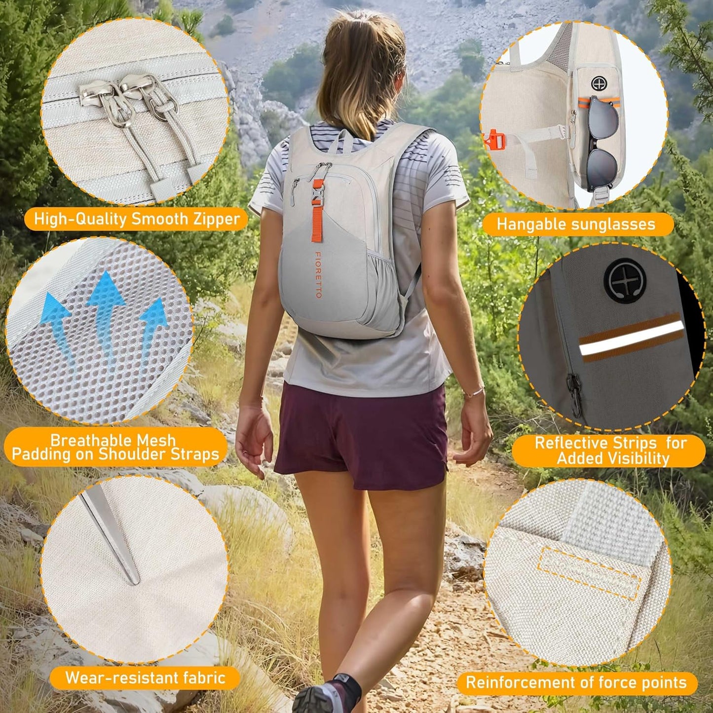 FIORETTO 15L Hiking Backpack for Women Men Mini Packable Backpack Lightweight Small Daypack for Camping Travel Outdoor, Beige