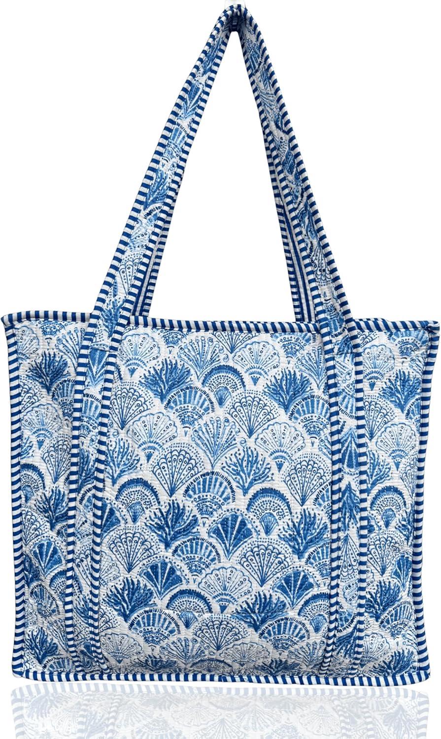 Cotton Quilted Tote Bag for Women – Large Beach & Travel Tote with Zipper, Reusable Grocery Bag