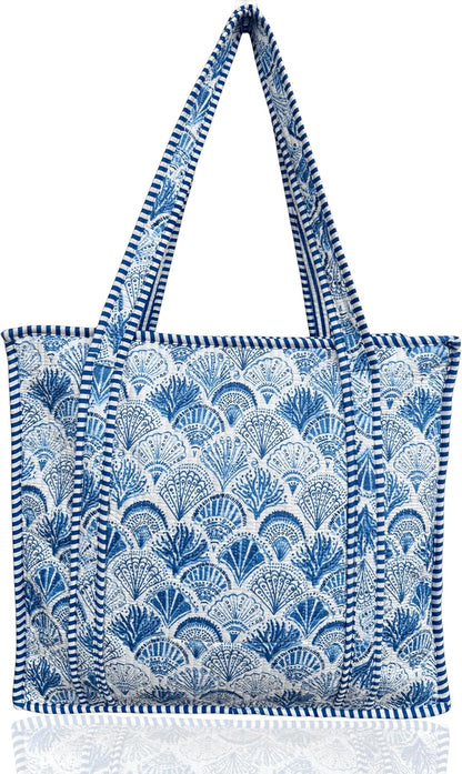 Cotton Quilted Tote Bag for Women – Large Beach & Travel Tote with Zipper, Reusable Grocery Bag