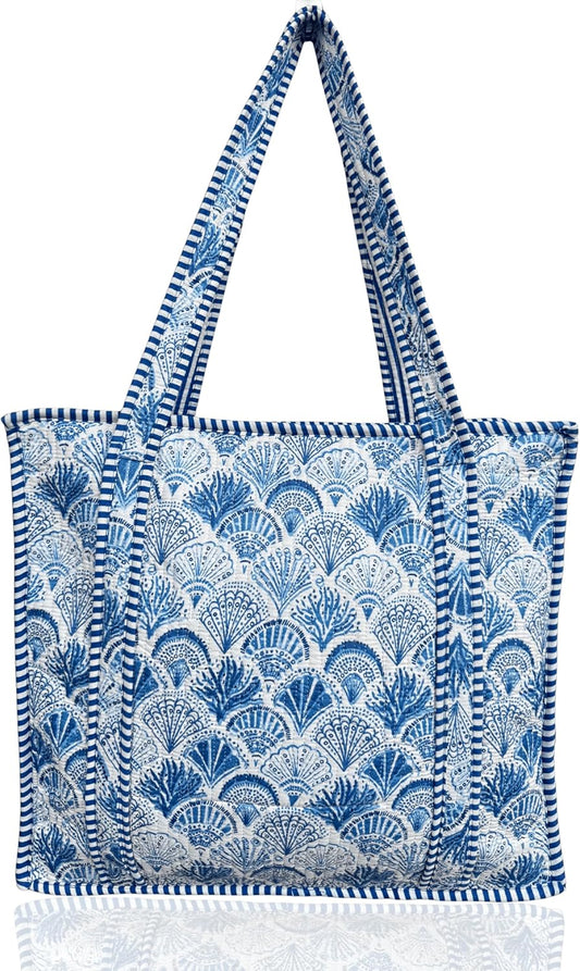 Cotton Quilted Tote Bag for Women – Large Beach & Travel Tote with Zipper, Reusable Grocery Bag