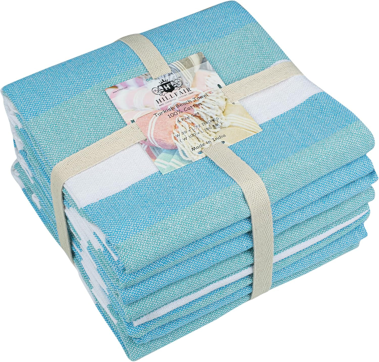 HILLFAIR Cotton Turkish Beach Towels, Quick Dry Lightweight Sand Free Peshtemal Towel for Bath Swim Yoga Spa Travel, Beach Accessories, Oversized Cotton Turkish Towels (39 x 72 inch- 4 Pack Sea)