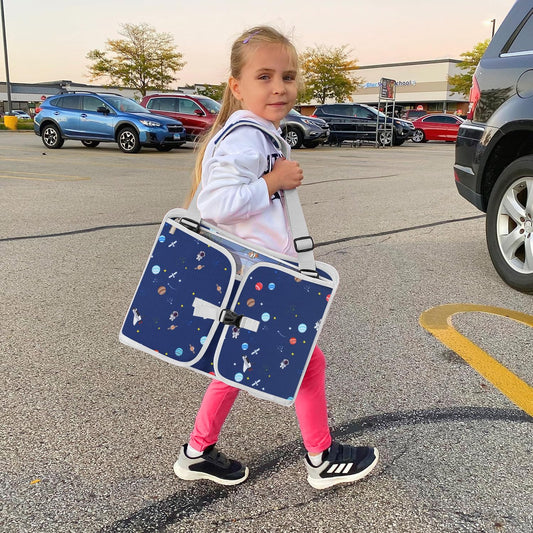 MENZOKE Car Seat Tray for Kids with Educational Drawing Board, Tablet Holder & Cooler Cup Holder, Essential for Car Travel & Airplane Trips, Space Pattern Design, Dark Blue