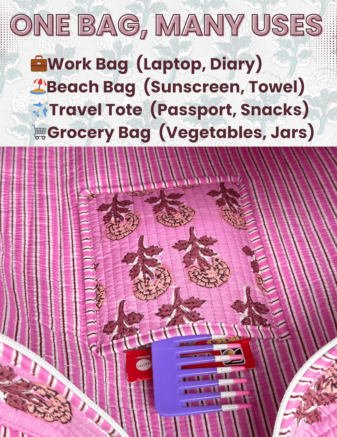 Cotton Quilted Tote Bag for Women – Large Beach & Travel Tote with Zipper, Reusable Grocery Bag