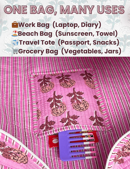 Cotton Quilted Tote Bag for Women – Large Beach & Travel Tote with Zipper, Reusable Grocery Bag