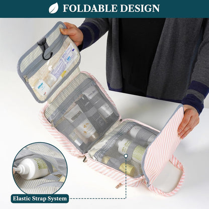 PAVILIA Hanging Toiletry Bag Travel Bag Women Men, Foldable Cosmetic Organizer, Roll up Makeup Bag, Water Resistant Accessories Toiletries, Large Travel Essentials Kit (Pink Stripe)