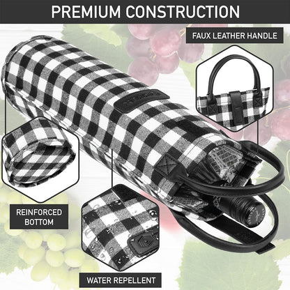 OPUX Wine Bag Single Bottle Carrier Tote, Insulated Travel Wine Cooler Bag for Picnic Beach Gift, Thermal Padded Portable One Bottle Holder Carrying Case for Women Men Wine Lovers, Plaid Buffalo White