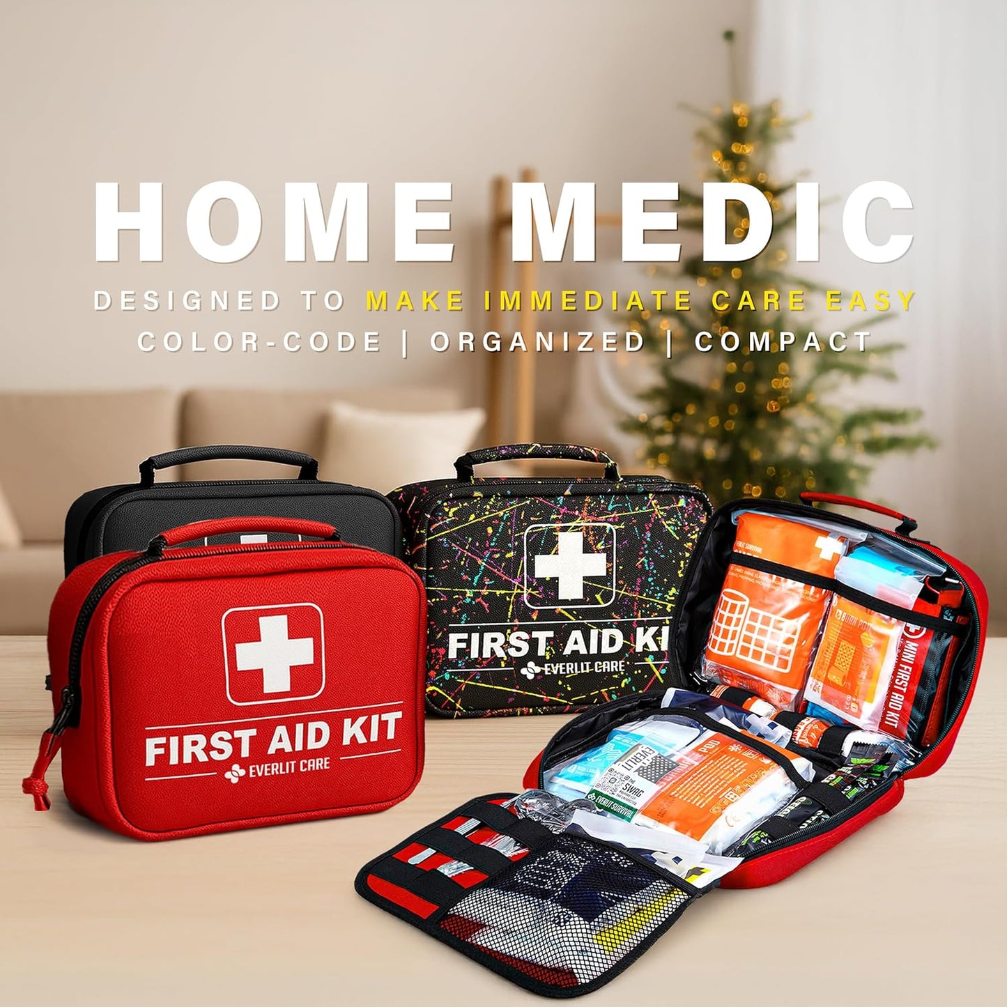 380 Pcs First Aid Kit All-Purpose Medical Essential Kit for Cuts, Scrapes, Burns, Emergency Preparedness | for Home, Office, Car, Travel, Camping, Outdoor (Black)