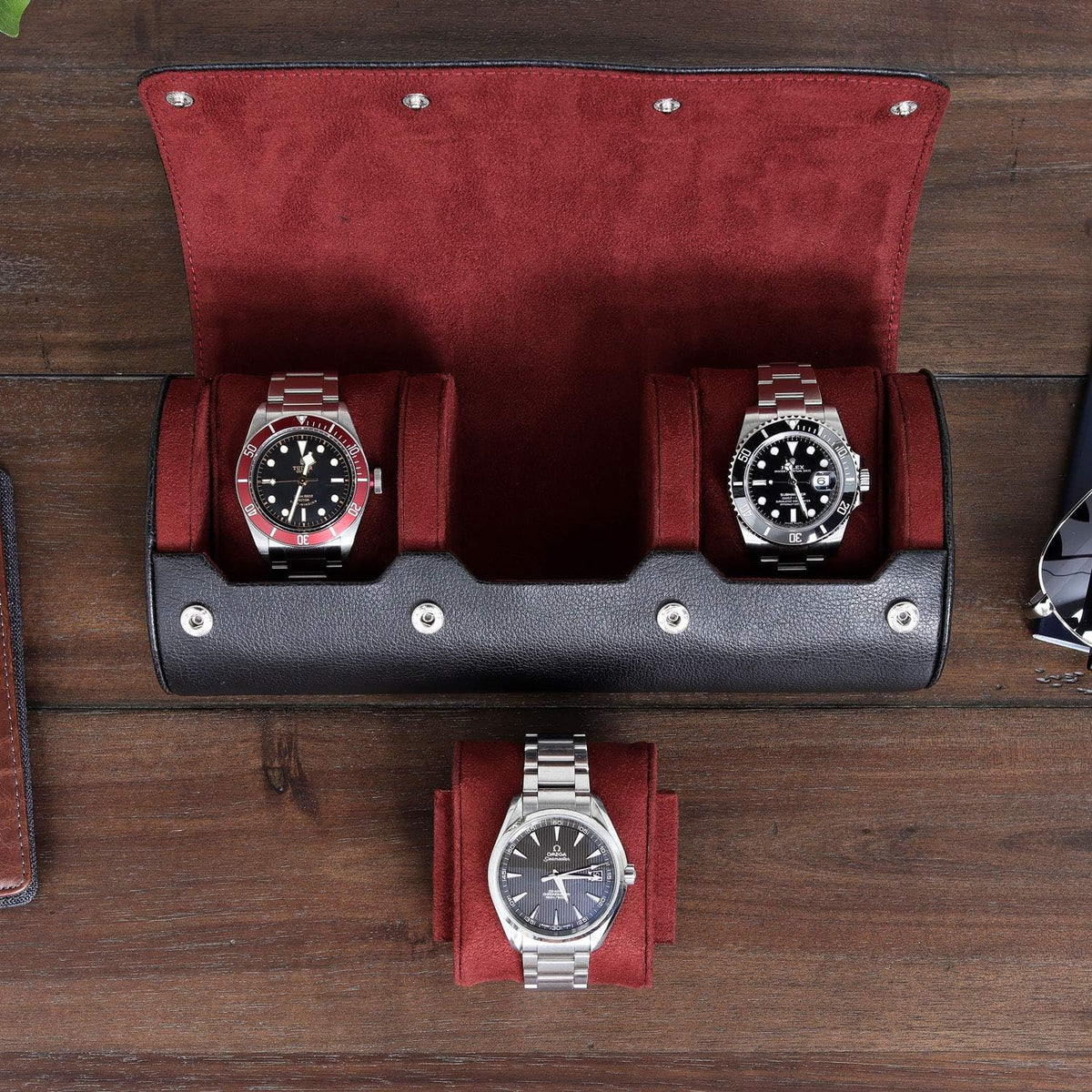 ROTHWELL Watch Roll Travel Case for 3 Watches | Tough Portable Protection, Fits All Wrist Watch & Smart Watches Up to 50mm (Black/Red)