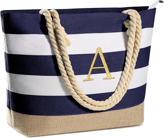 YOOLIFE Initial Canvas Waterproof Beach Tote Bag Zipper Personalized Gifts for Women Her Birthday Travel Beach Essential