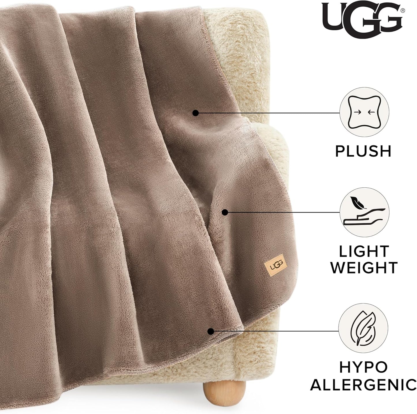 UGG Whitecap Plush Throw Blanket Fleece Lightweight Soft Throw for Couch or Bed Luxury Home Decor for Living Room Washable Hypoallergenic Blankets for Dorm Decor, 50-inch x 70-inch, Light Fawn Brown