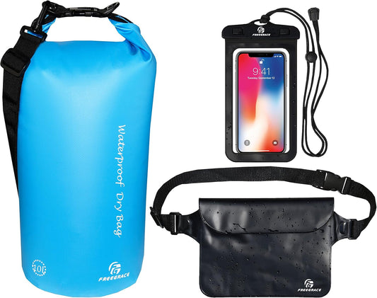 Freegrace Waterproof Dry Bags Set of 3 Dry Bag with 2 Zip Lock Seals & Detachable Shoulder Strap, Waist Pouch & Phone Case - Can Be Submerged Into Water (Sky Blue, 20L)