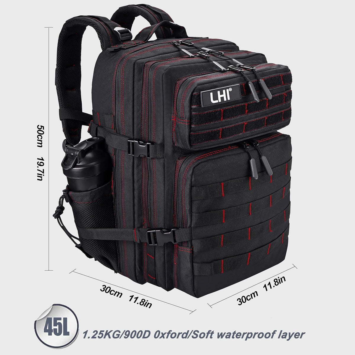 LHI Military Tactical Backpack for Men and Women 45L Army 3 Days Assault Pack Bag Large Rucksack with Shoe Compartment - Black red line