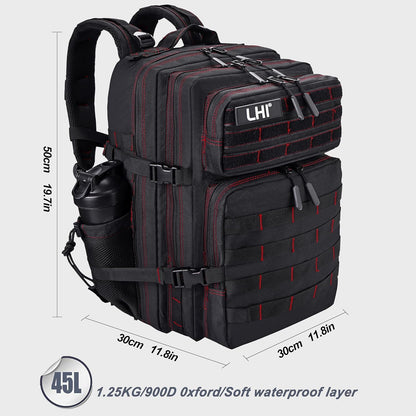 LHI Military Tactical Backpack for Men and Women 45L Army 3 Days Assault Pack Bag Large Rucksack with Shoe Compartment - Black red line