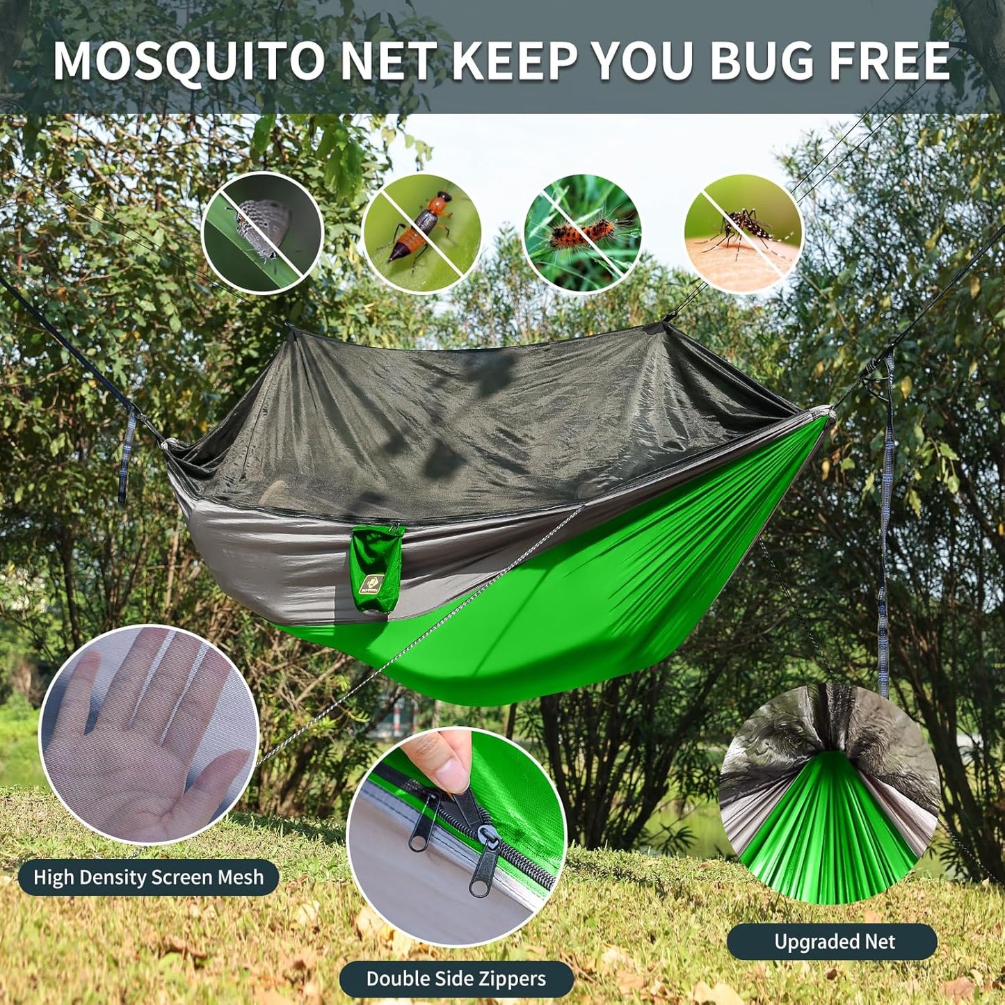 Camping Hammock with Net,Portable Lightweight Double Hammocks with Tree Straps and Solid D-Shape Carabiners,Parachute Nylon Hammock for Backpacking Beach Backyard Patio Hiking Green&Grey
