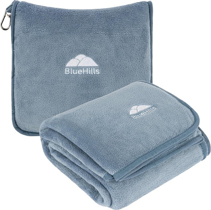 BlueHills Premium Soft Long Travel Blanket Pillow for Tall Airplane Flight Essentials Large Compact 2 in 1 Airline Throw Packable Warm Plane Traveling Comfort Accessories Grayish Blue T056