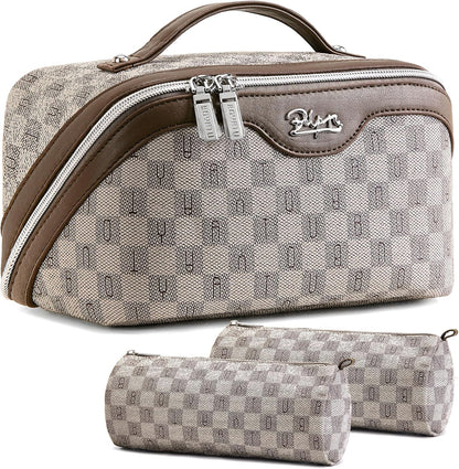 BOYATU Travel Makeup Bag Cosmetic Bags for Women: Large Make up Bags Set of 3 - Portable Makeup Organizer with Compartments&Handle&Divider - Waterproof PU Leather Toiletry Bag(02-Light Brown)