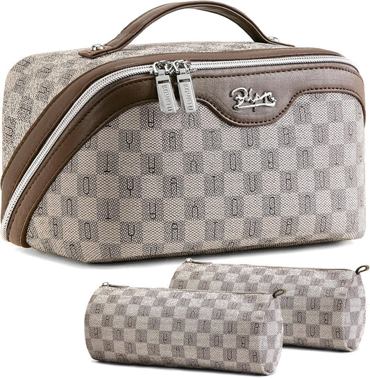 BOYATU Travel Makeup Bag Cosmetic Bags for Women: Large Make up Bags Set of 3 - Portable Makeup Organizer with Compartments&Handle&Divider - Waterproof PU Leather Toiletry Bag(02-Light Brown)