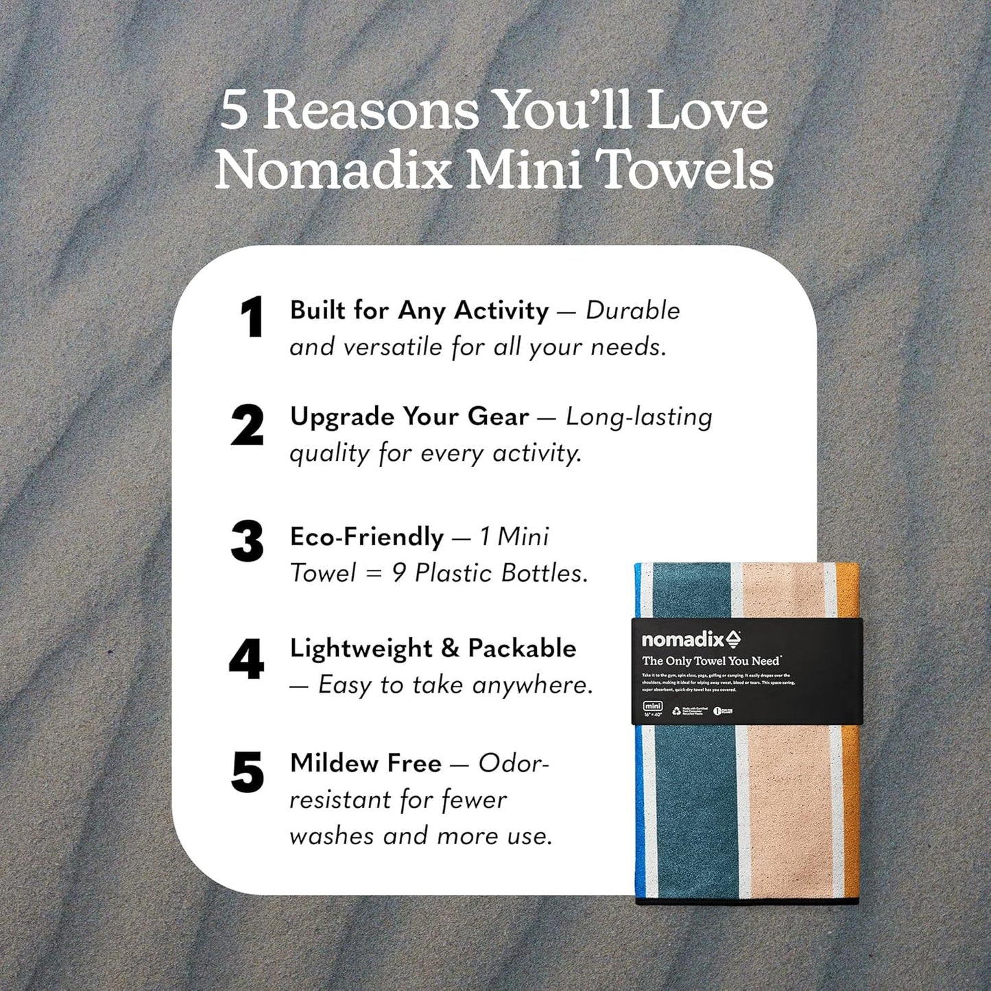 Nomadix Mini Towel - Perfect for Beach, Pool, Travel, Camping, Yoga - Made with Recycled Materials - Super Absorbent - Sand Resistant - Stripes Retro - 16x40