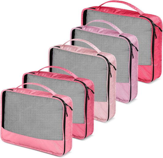 5 Pcs Packing Cubes for Suitcase Large Travel Cubes Carry on Luggage Organizer Bags for Clothes Accessories(Mixed,Pink)