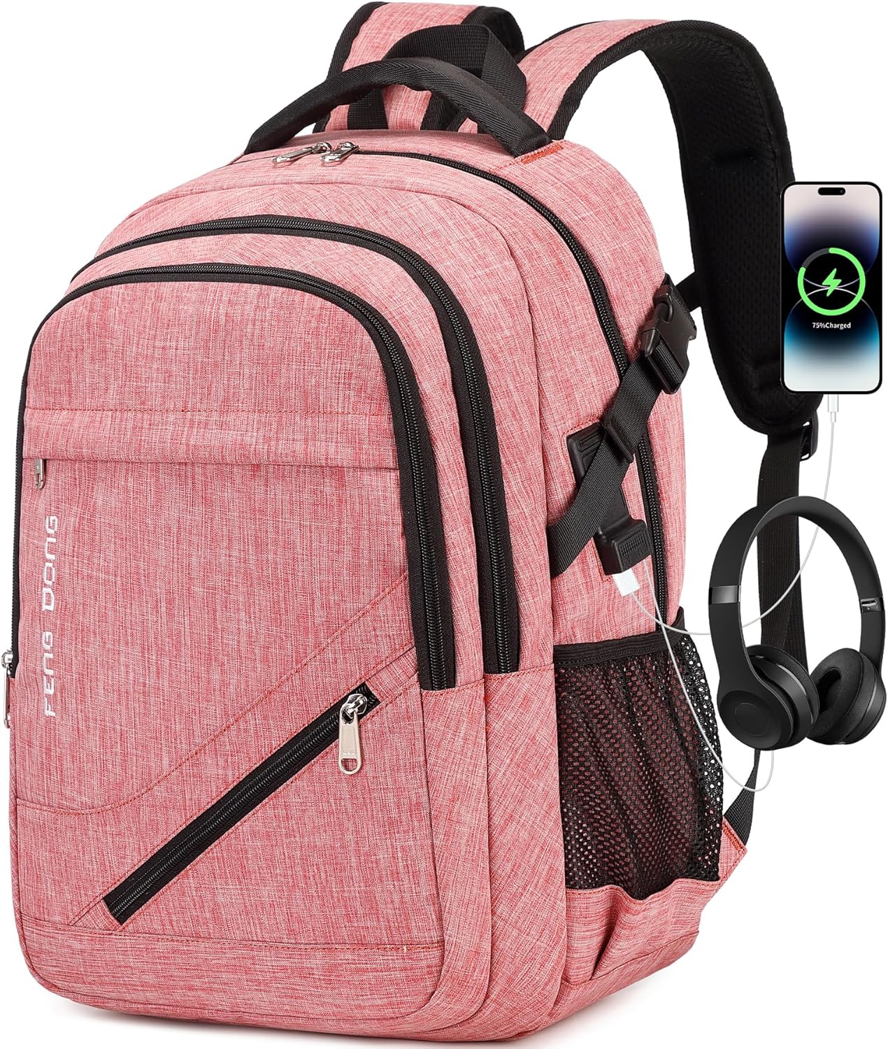 FENGDONG Large Laptop Backpack 17.3 inch Durable Waterproof Travel College Backpack Bookbag for Men & Women Business Backpack with USB Charging Port and Headset Port Light Pink