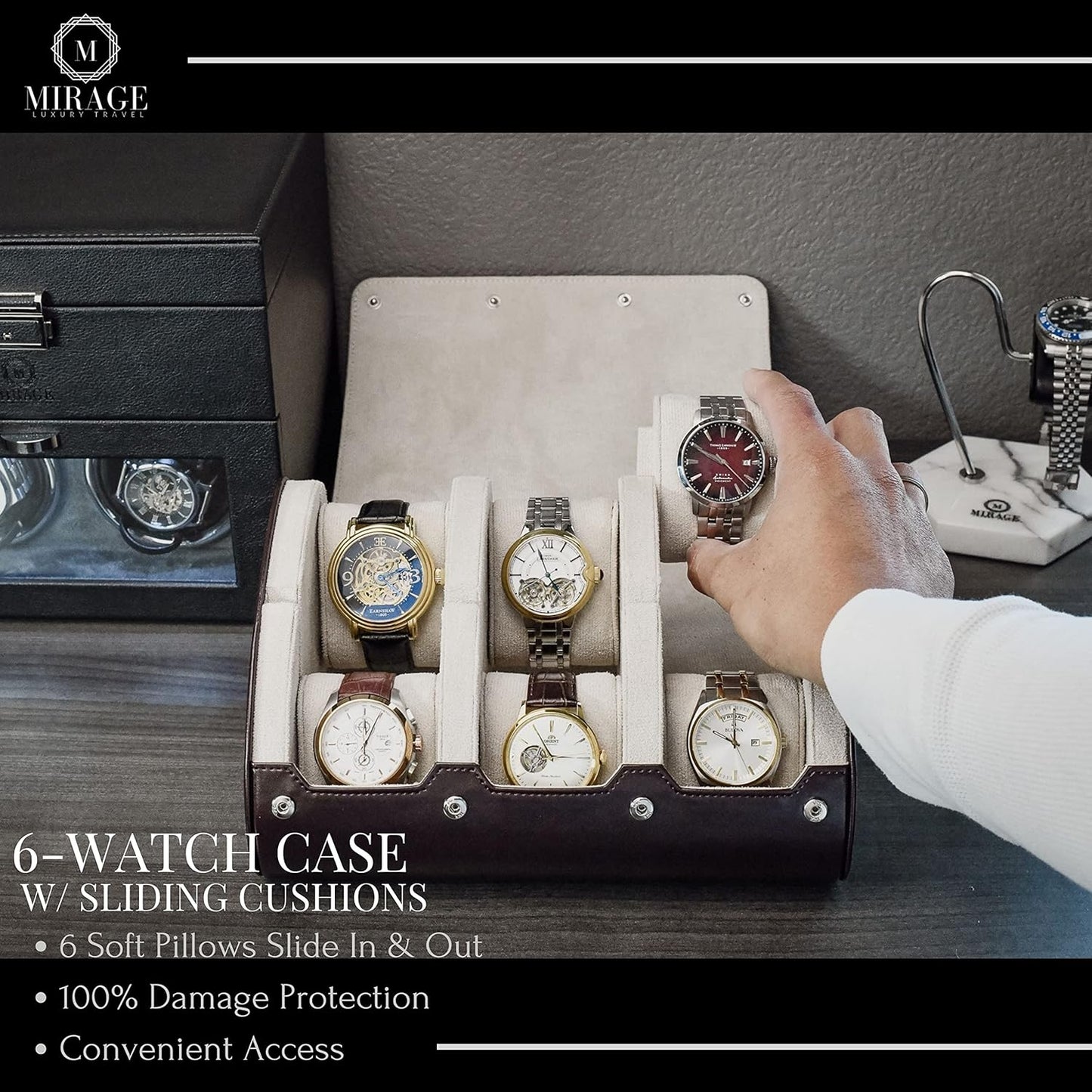 6 Watch Case Bbox for Travel Watch Roll for Men Watch display organizer - Espresso Brown & Ivory White Interior