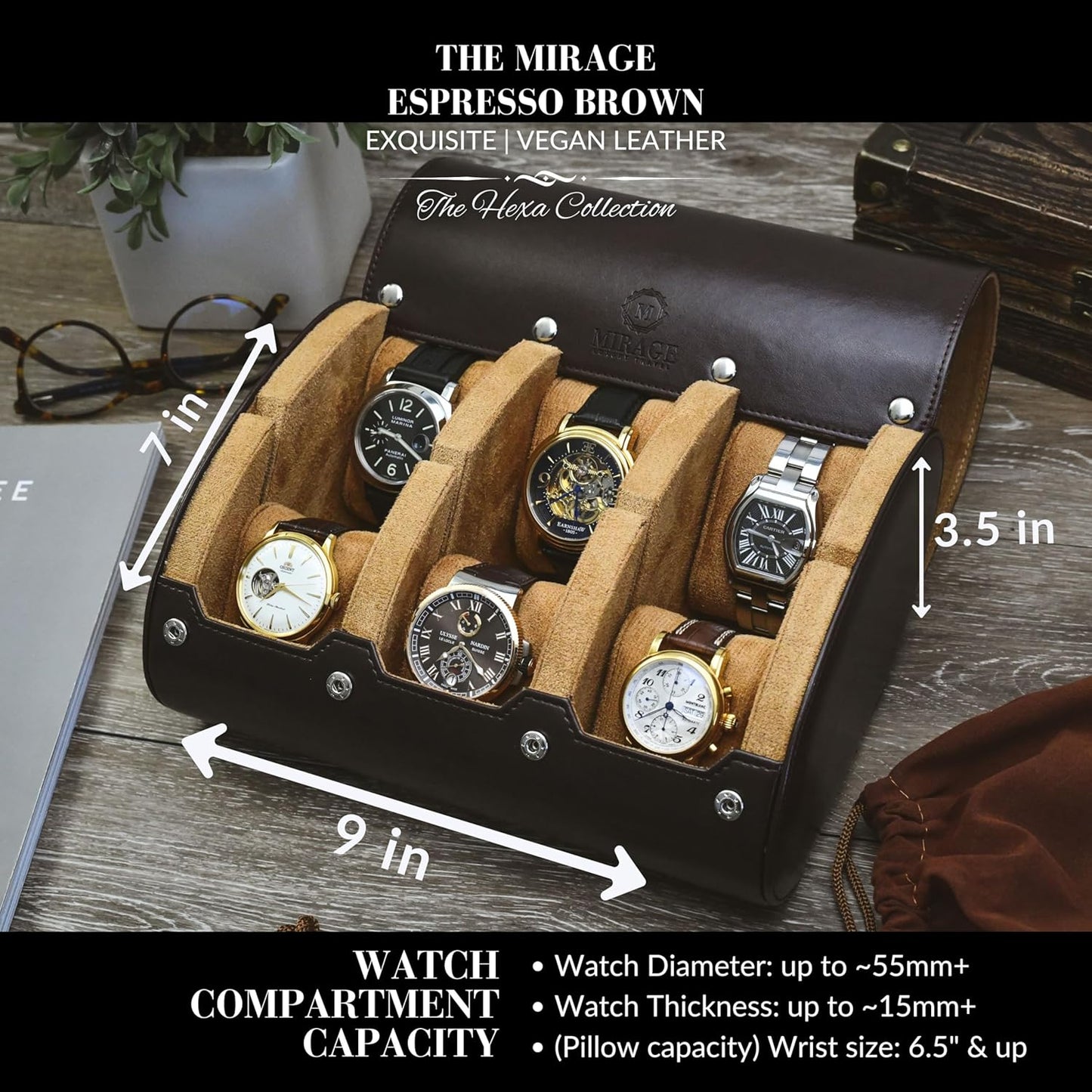 6 Watch Travel Cases for Men - Watch Roll 6 Slots Travel Organizer - Espresso Brown -Signature Hexa Collection