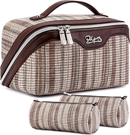 Travel Makeup Bag for Women: Large Capacity Open Flat Make up Bag Set of 3 - Vegan Leather Cosmetic Bag with Compartments - Waterproof Toiletry Bag with Handle & Divider(Brown)