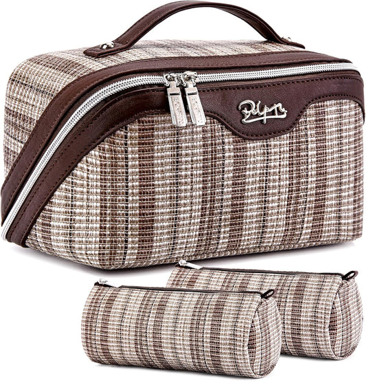 Travel Makeup Bag for Women: Large Capacity Open Flat Make up Bag Set of 3 - Vegan Leather Cosmetic Bag with Compartments - Waterproof Toiletry Bag with Handle & Divider(Brown)