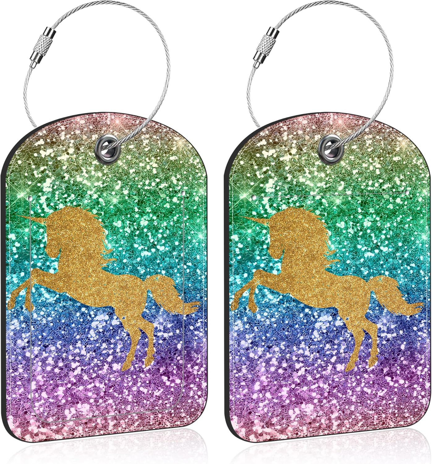 2 Pack Luggage Tag for Suitcase Sparkles Unicorn Leather Suitcase Tags with Privacy Name ID Label and Stainless Steel Loop for Travel Bag