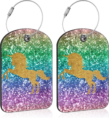 2 Pack Luggage Tag for Suitcase Sparkles Unicorn Leather Suitcase Tags with Privacy Name ID Label and Stainless Steel Loop for Travel Bag