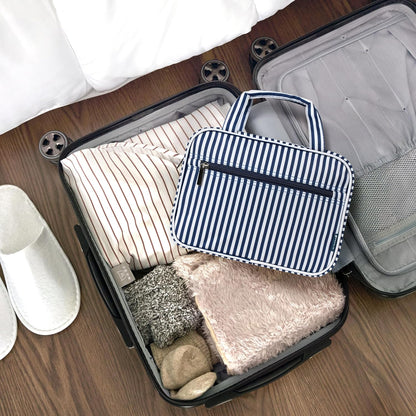 PAVILIA Hanging Toiletry Bag Travel Bag Women Men, Foldable Cosmetic Organizer, Roll up Makeup Bag, Water Resistant Accessories Toiletries, Large Travel Essentials Kit (Navy Stripe)