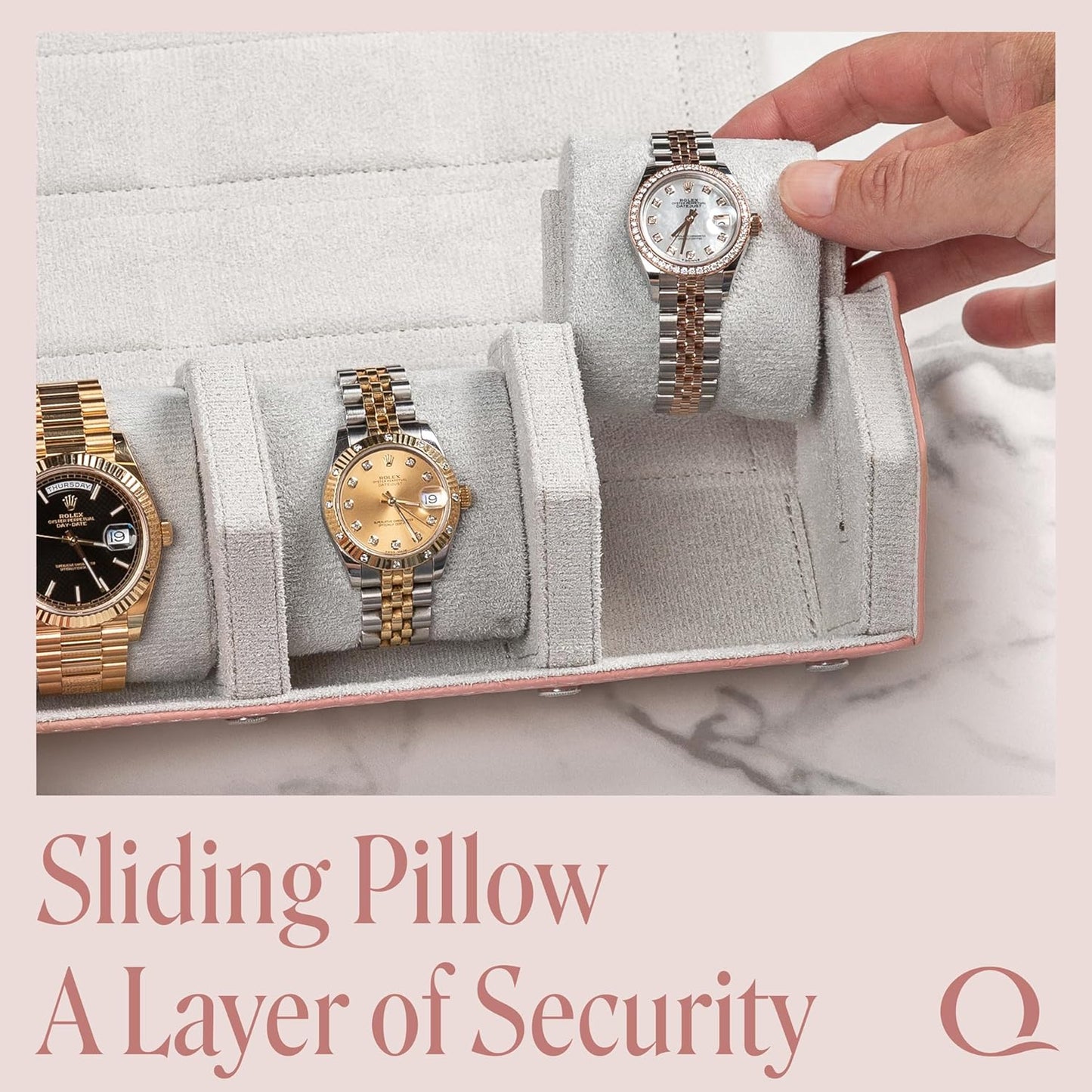 Ladies Leather Watch Rolls for Women - Hexagon Triple Watch Roll Travel Case for 3 Watches - Storage Organizer Genuine Leather with Velvet Interior Display (Woven Pink/Gray)