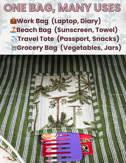 Cotton Quilted Tote Bag for Women – Large Beach & Travel Tote with Zipper, Reusable Grocery Bag