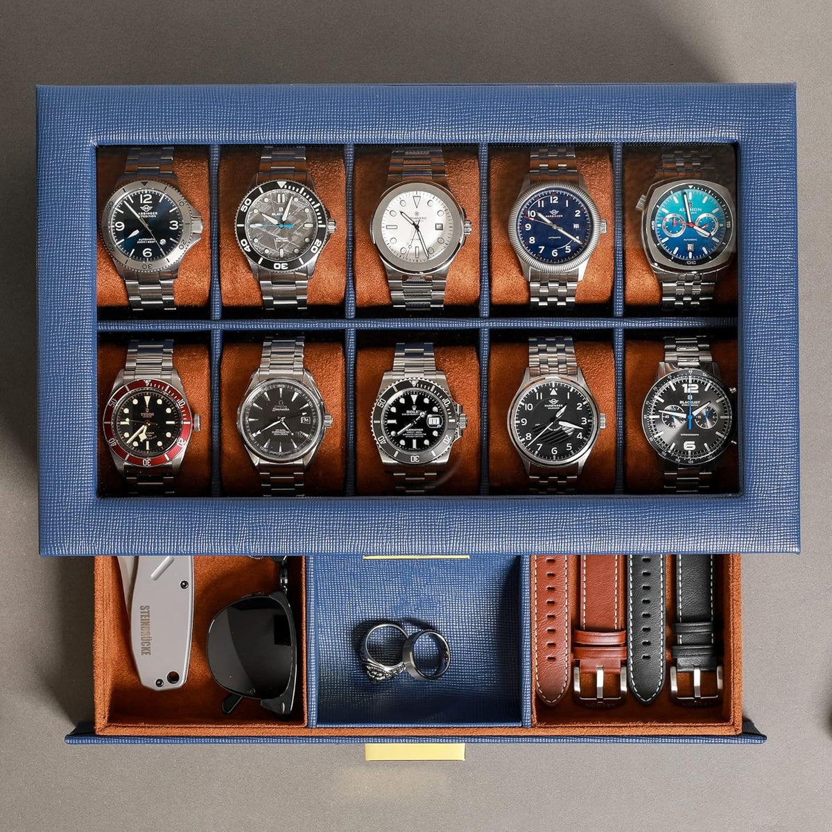 ROTHWELL 10-Slot Watch Box in Leather with Valet Drawer, Luxury Watch Case Display Organizer with Ultra Soft Microsuede Liner, Jewelry and Sunglass Holder With Large Glass top (Blue/Tan)