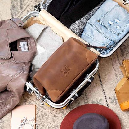 HLC Leather Toiletry Bag for Men - Best Gift for Men - Premium Genuine Leather Dopp Kit Shaving Kit Organizer Travel Kit Pouch Bag for Men - Large Size (Tan)
