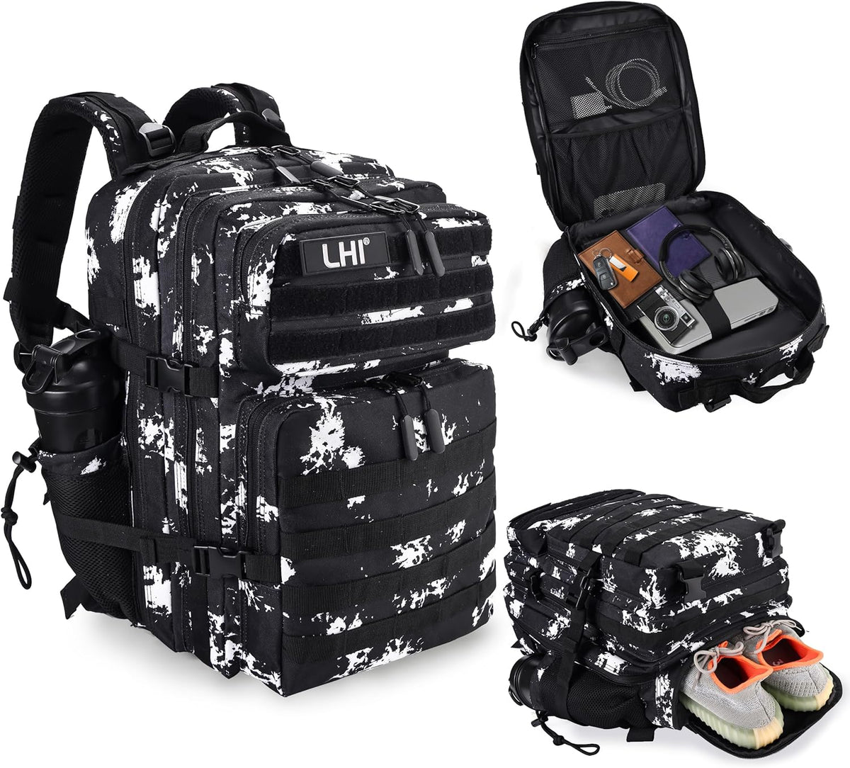 LHI Military Tactical Backpack for Men and Women 45L Army 3 Days Assault Pack Bag Large Rucksack with Shoe Compartment - Black Lightning