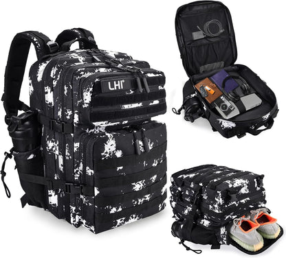LHI Military Tactical Backpack for Men and Women 45L Army 3 Days Assault Pack Bag Large Rucksack with Shoe Compartment - Black Lightning