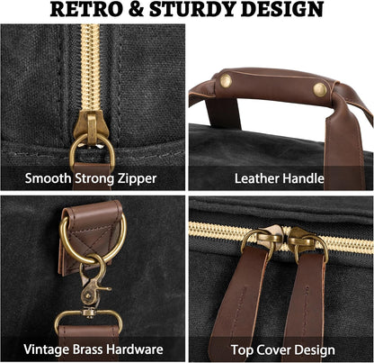 60L Duffle Bag for Men, Nomad Waxed Canvas Travel Duffel Bag Vintage Genuine Leather Travel Handbag Upgraded Weekender Overnight Backpack with Shoes Compartment (Vintage Black, X Large-60L)