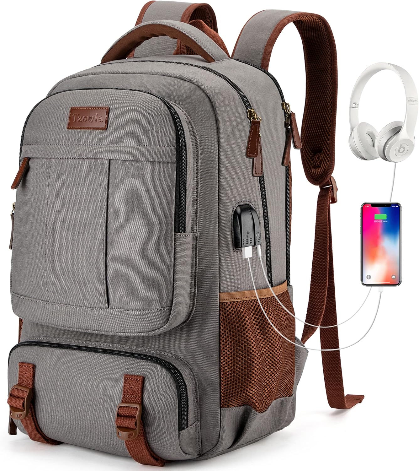 Tzowla Canvas Laptop Backpack, Bag for Men Women,Travel Work Rucksack Fits 15.6 Inch Laptop, Bookbag with USB Charging Port