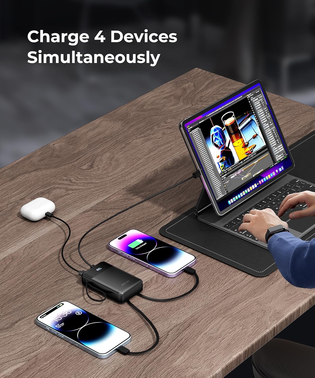 Portable-Charger-Power-Bank Travel Essentials Battery Pack USB C 30000mAh Built in Cable 22.5W Phone Fast Charging Powerbank Compatible with iPhone 16 15 14 13 12 11 iPad Samsung Google (Black)