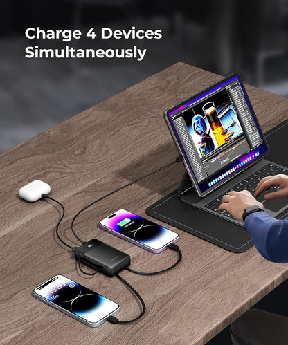 Portable-Charger-Power-Bank Travel Essentials Battery Pack USB C 30000mAh Built in Cable 22.5W Phone Fast Charging Powerbank Compatible with iPhone 16 15 14 13 12 11 iPad Samsung Google (Black)