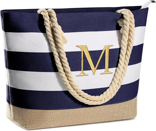 YOOLIFE Initial Canvas Waterproof Beach Tote Bag Zipper Personalized Gifts for Women Her Birthday Travel Beach Essential