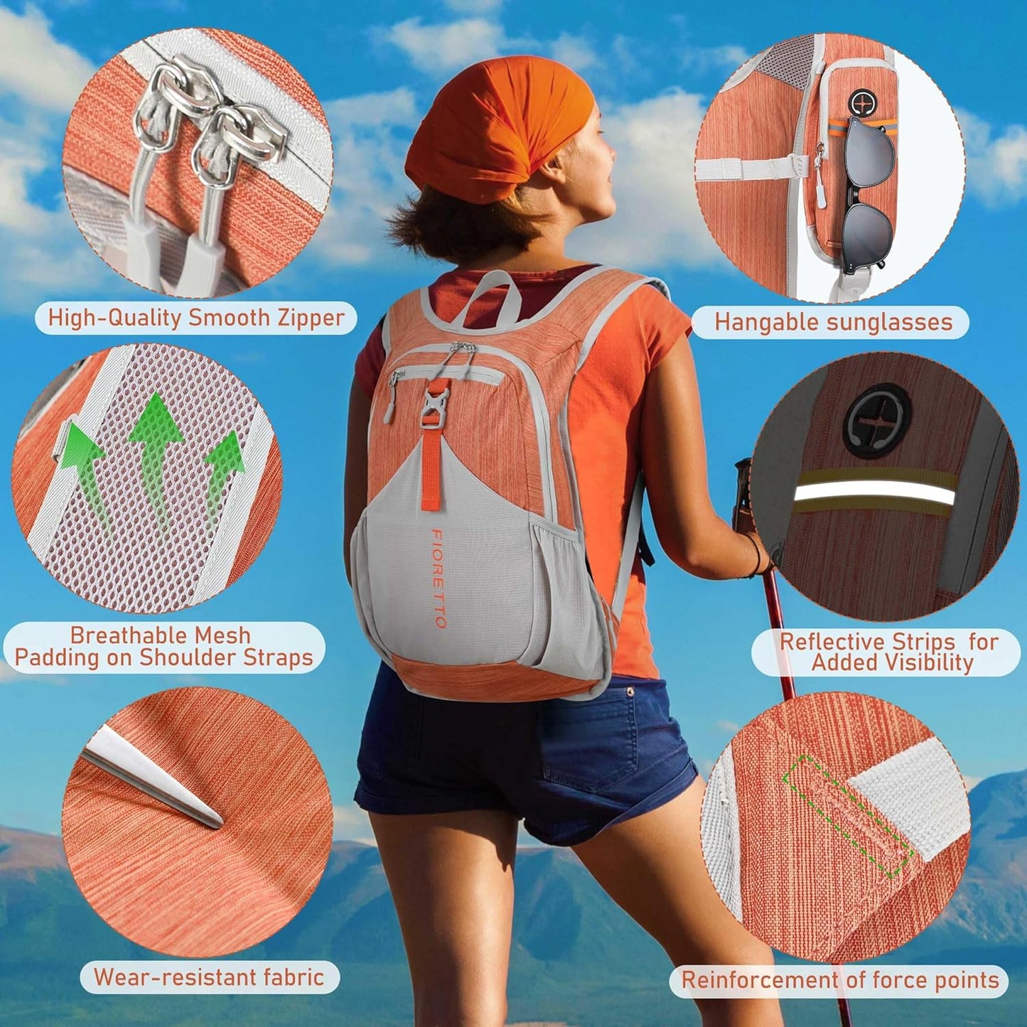 FIORETTO 15L Hiking Backpack for Women Men Mini Packable Backpack Lightweight Small Daypack for Camping Travel Outdoor, Orange