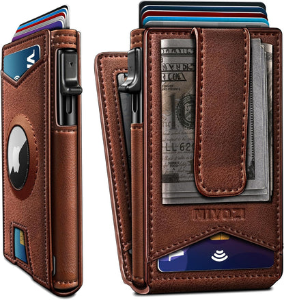 Airtag Wallet for Men,with Money Clip Gift Boxed,Slim Front Pocket Wallet RFID Blocking Metal Case Smart Pop-up Credit Card Holder in Magnetic Leather Flip