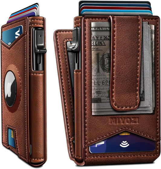 Airtag Wallet for Men,with Money Clip Gift Boxed,Slim Front Pocket Wallet RFID Blocking Metal Case Smart Pop-up Credit Card Holder in Magnetic Leather Flip