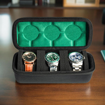 Hard Watch Travel Case,3 slots Watch Roll Case Storage and Organizer for Men and Women, with anti-move watch pillow (Black 3slot with green lining)