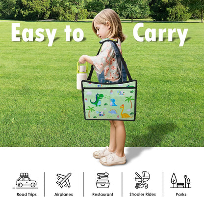 Kids Travel Tray, Kids Travel Trays for Car Seat, Road Trip Essentials for Toddler, Carseat Lap Tray with Dry Erase Board & Storage Organizer for Road Trip Activities for Kid, Green