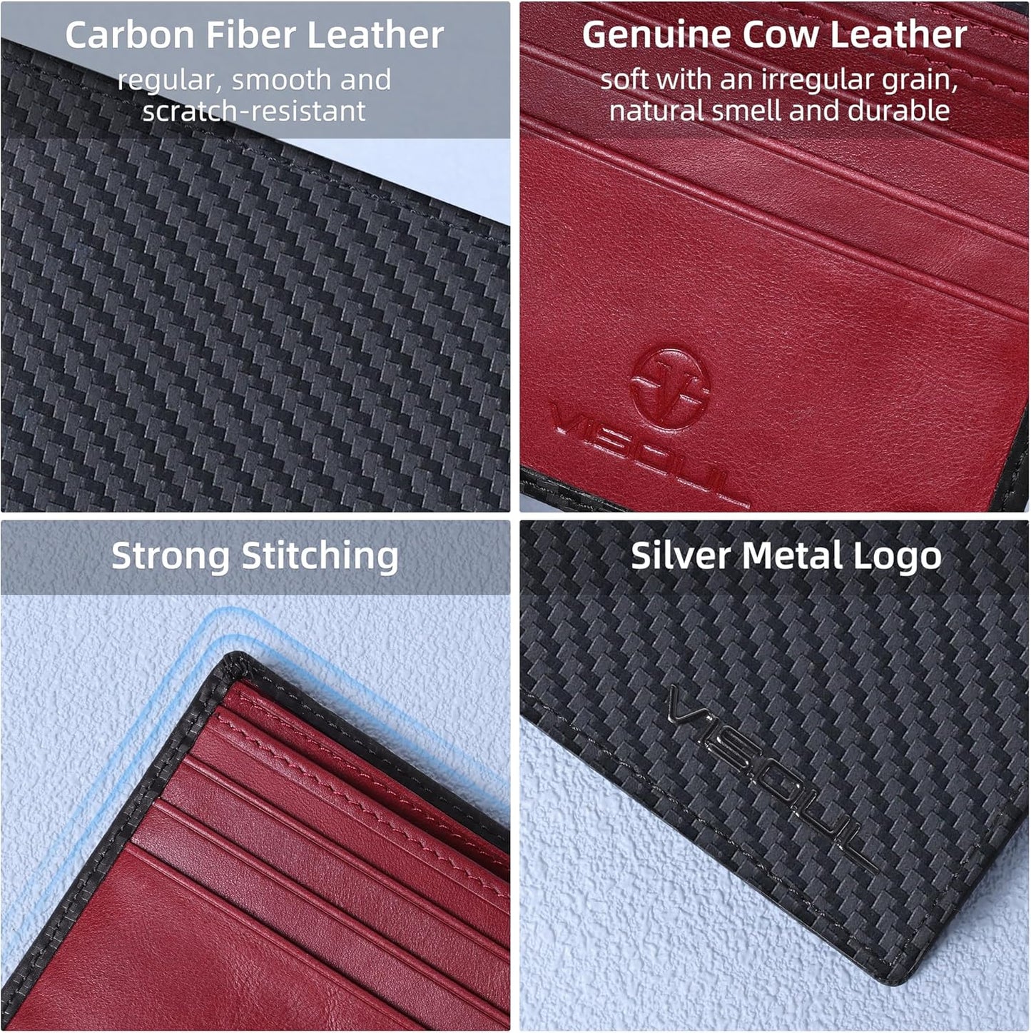 VISOUL Wallet for Men with 2 ID Windows 8 Credit Card Slots 2 Cash Compartments, Carbon Fiber Leather Bifold Mens Wallet with RFID Blocking (Carbon Fiber Black+Burgundy)