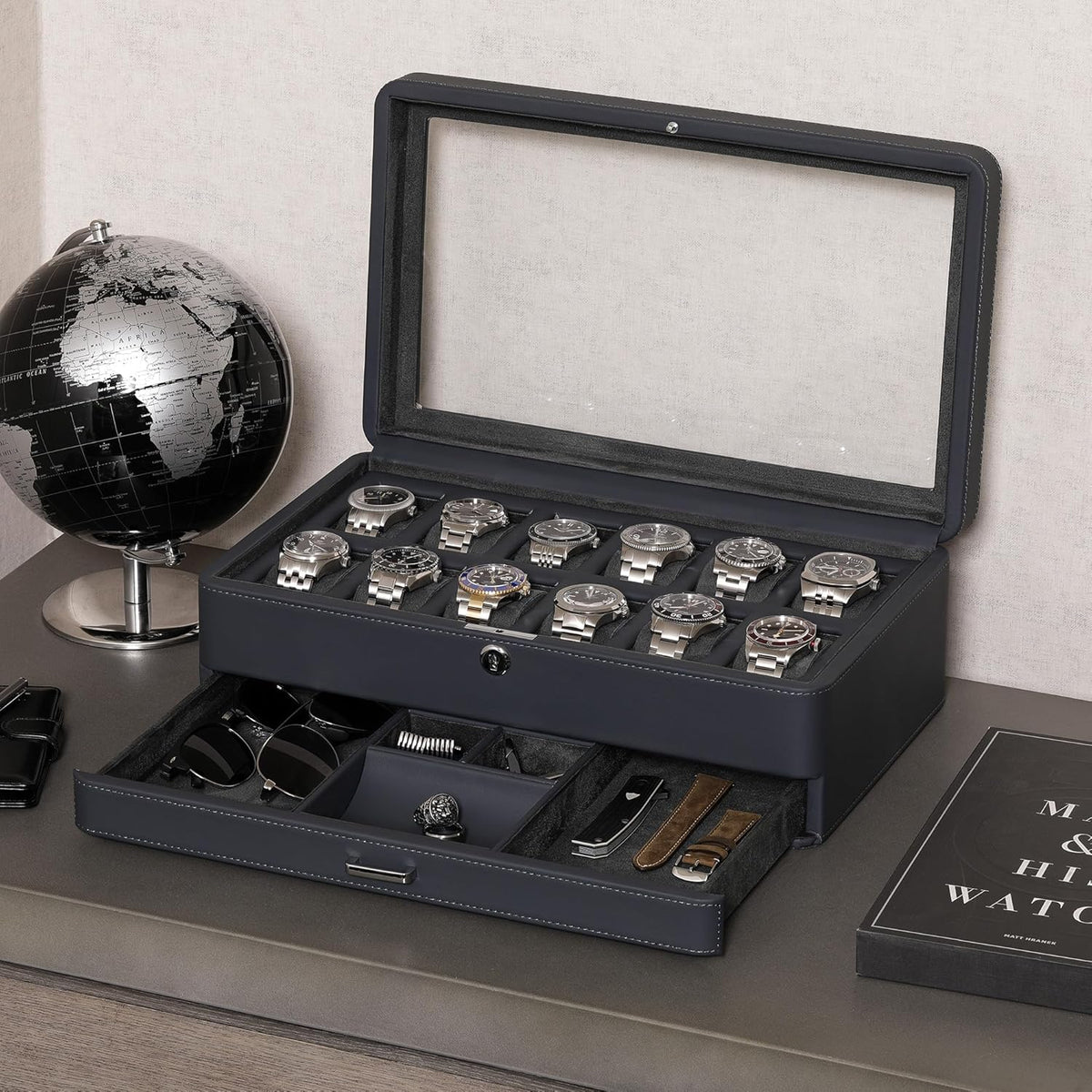 ROTHWELL Luxury Watch Box for 12 Watches – PU Leather Watch Box with Real Glass Lid – Slide out Accessory Drawer with Multiple Compartments (Carbon)