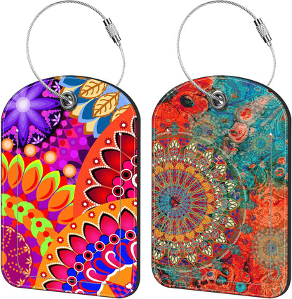 Colorful Mandala Luggage Tag for Suitcase Set of 2 PU Leather Cute Luggage Tags with Stainless Metal Loop ID Label Privacy Flap Suitcase Tags for Women and Men Travel